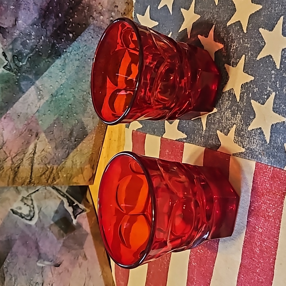 Vintage Fostoria Set of Two Argus Ruby Pattern Flat Juice/Cocktail/Shot Glasses